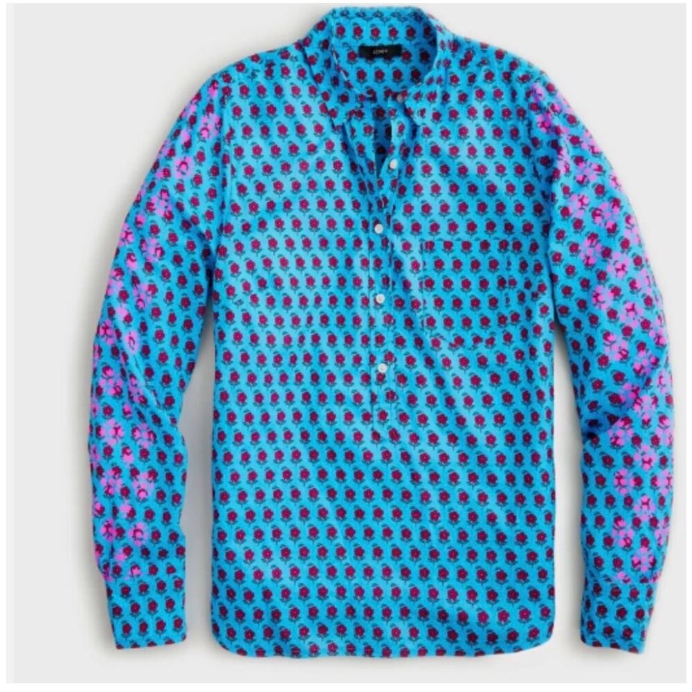 J. Crew Floral Block Print Popover Top Turquoise Indian Cotton Lightweight Sz L